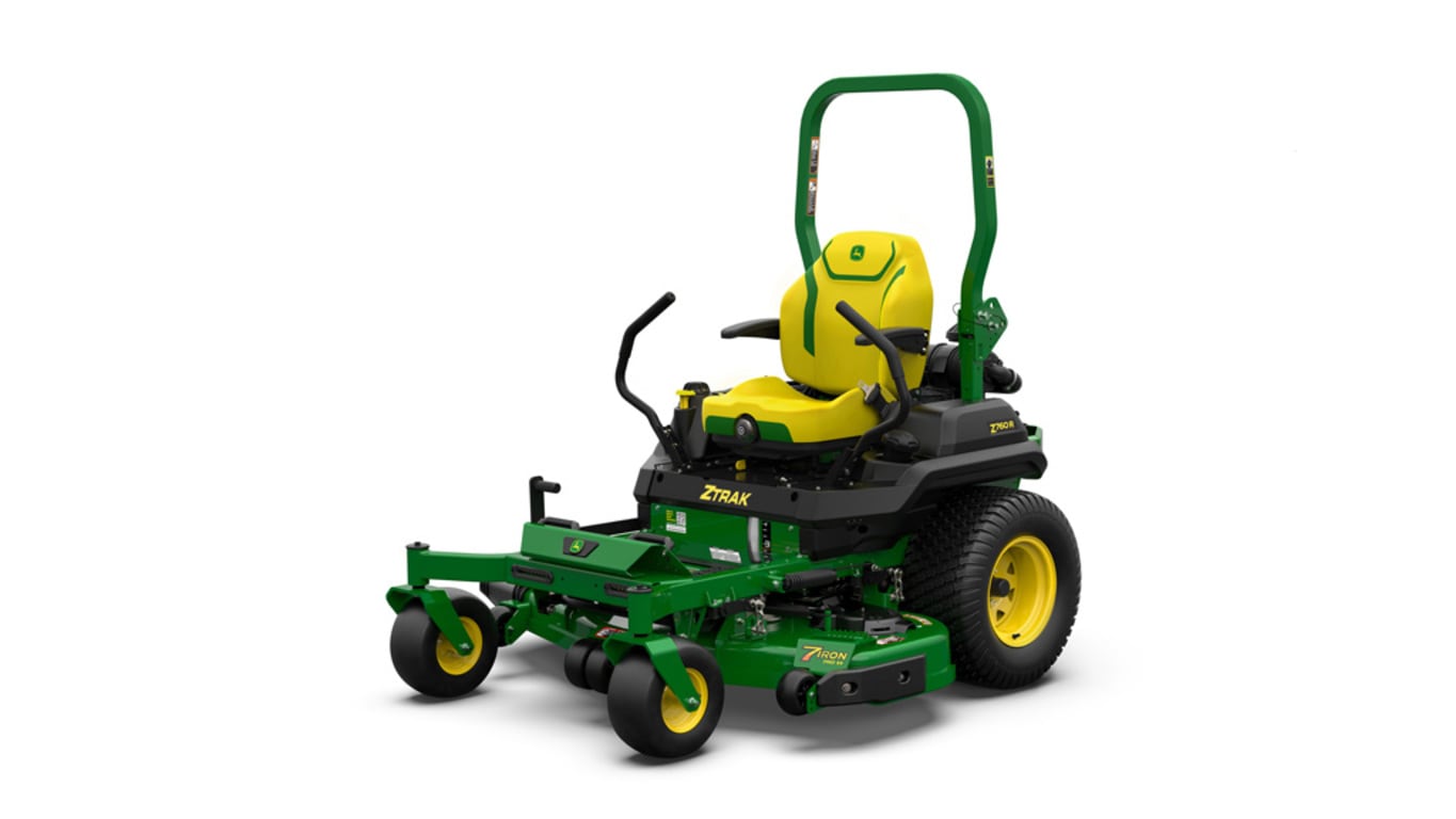 A front-left-facing studio shot of a green zero-turn mower on a white background.