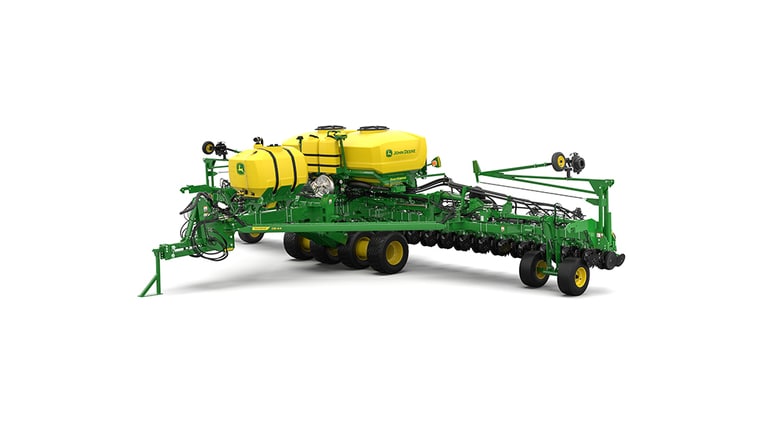 Image studio d'un semoir de précision&nbsp;DB44NT à 24&nbsp;rangs vu de l'avant gauche