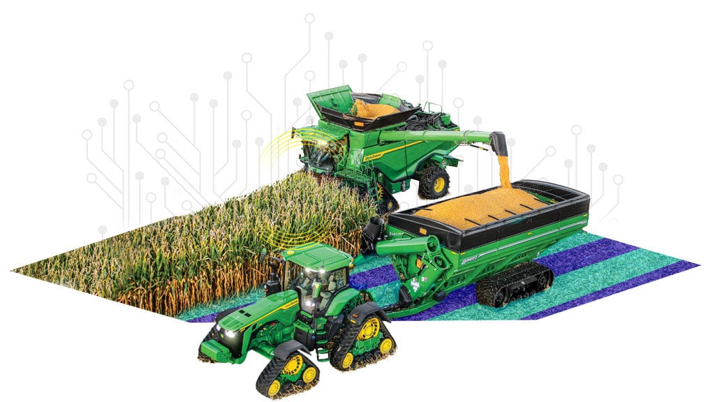 Representative image of combine harvesting corn and putting grain into grain cart pulled by a 9R tractor.