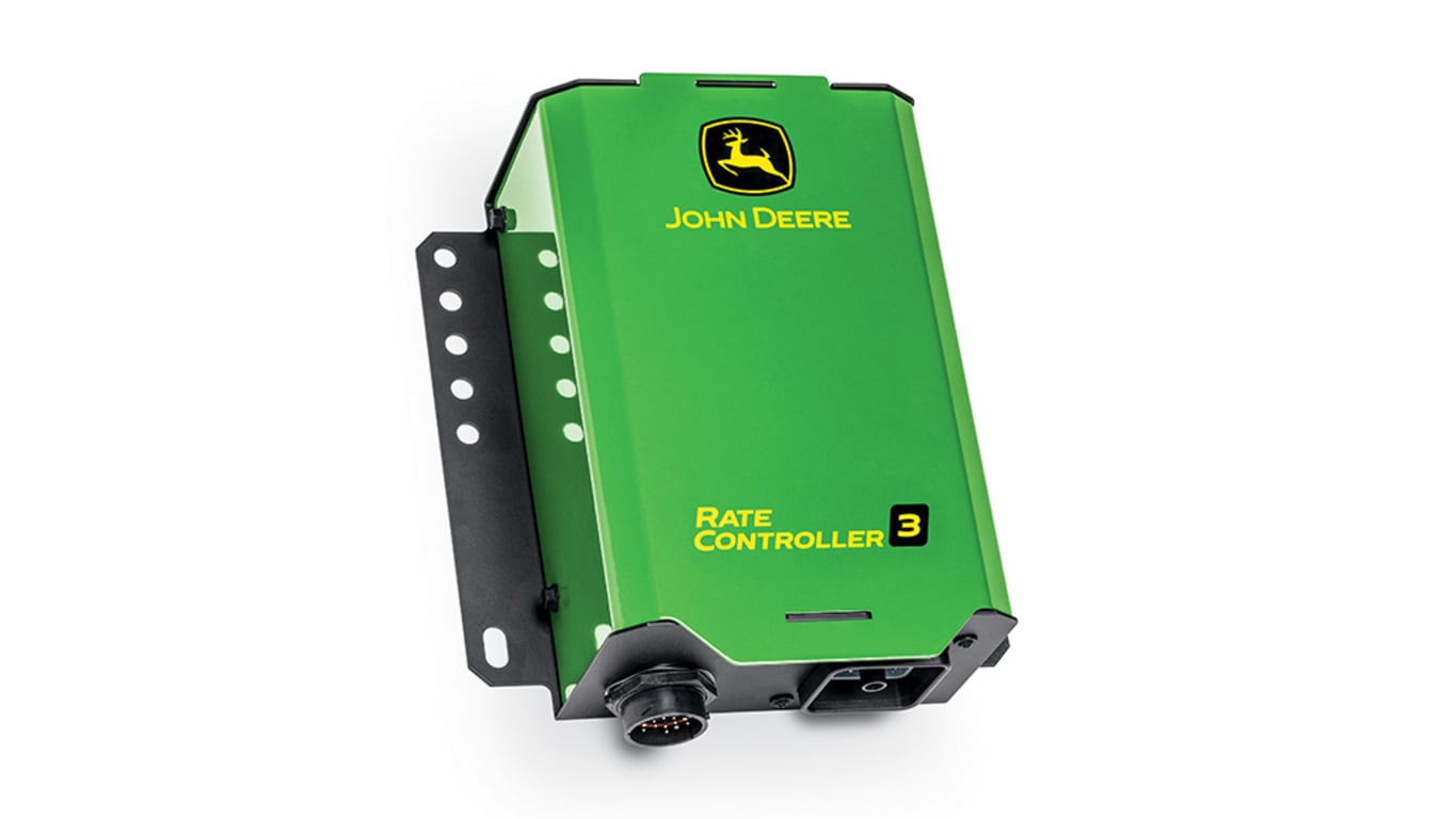 Contrôleur de débit John Deere 3 vert avec support noir et ports de connecteur