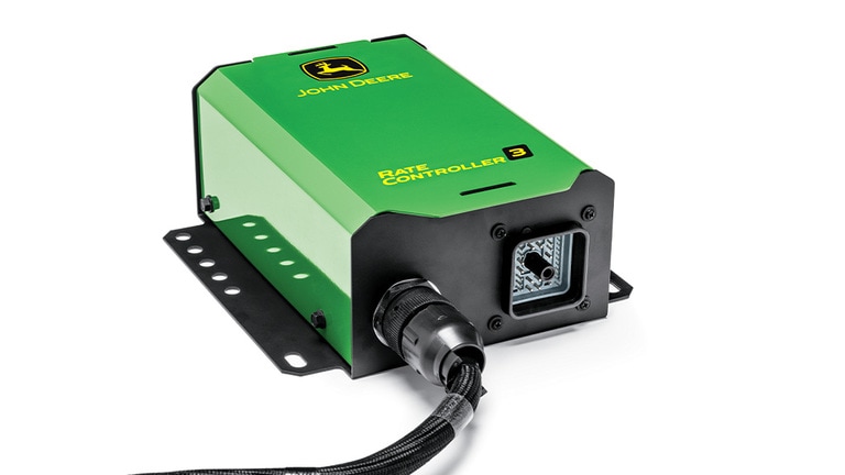Contrôleur de débit John Deere 3 vert et noir, avec connecteurs orientés vers l’avant