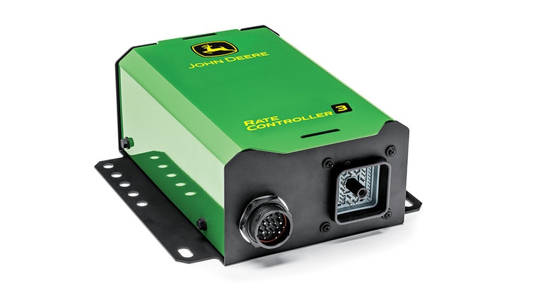 Contrôleur de débit John Deere 3 vert avec câbles attachés sur fond blanc