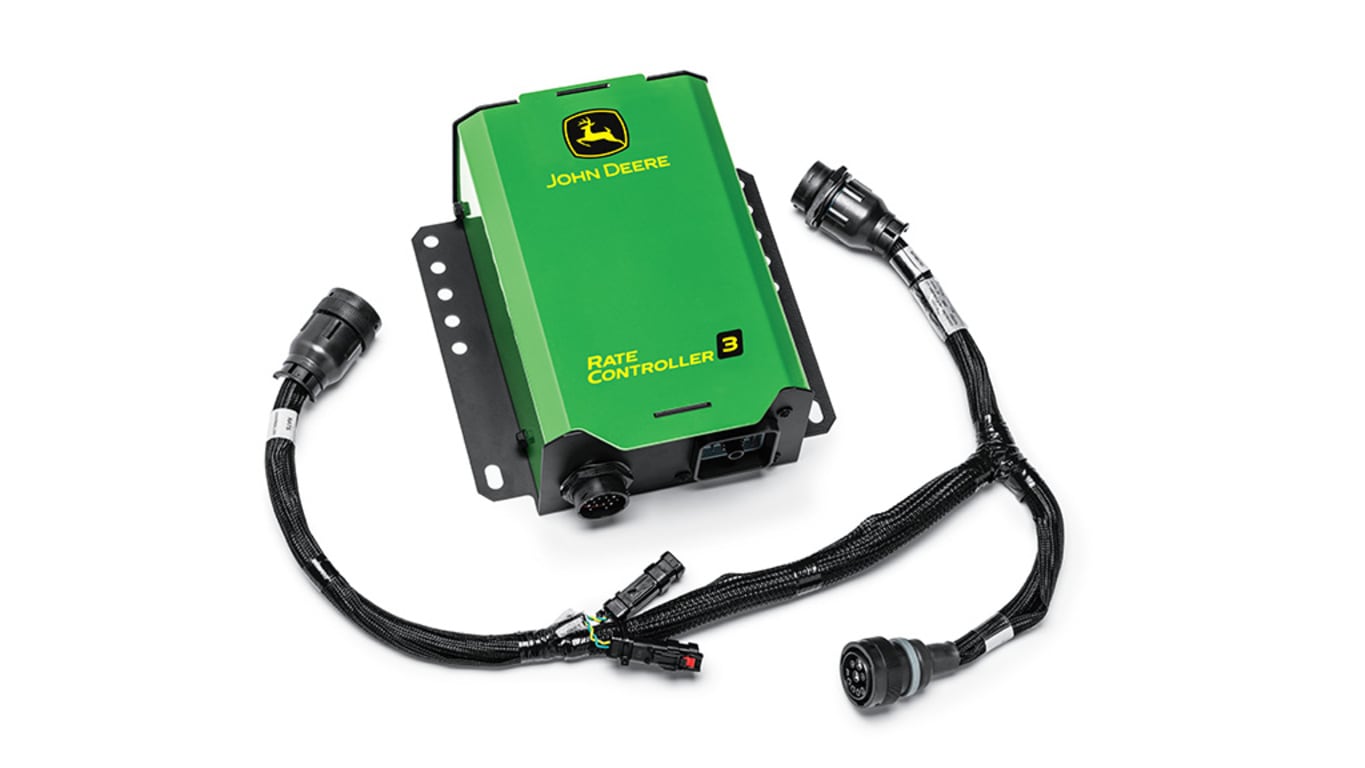 Contrôleur de débit John Deere 3 vert avec supports de montage noirs des deux côtés