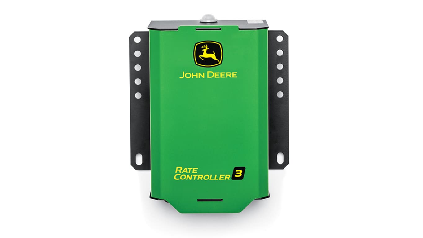 Contrôleur de débit John Deere 3 vert avec supports de montage noirs des deux côtés