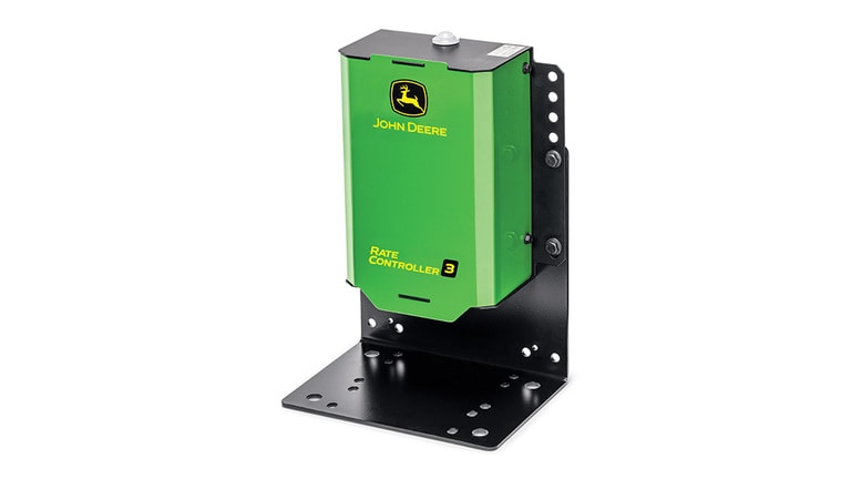 Contrôleur de débit John Deere 3 vert et noir monté sur un support métallique