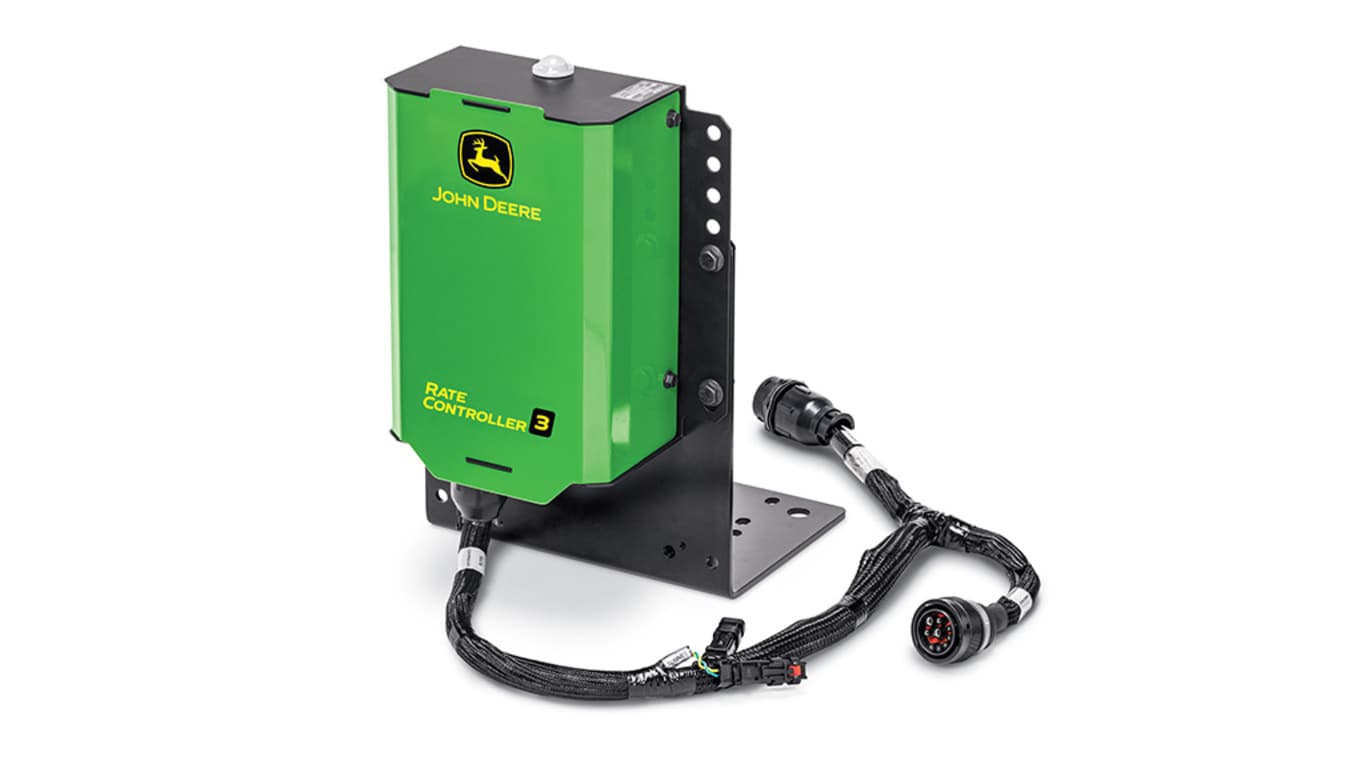 Contrôleur de débit John Deere 3 vert avec support noir et câbles attachés