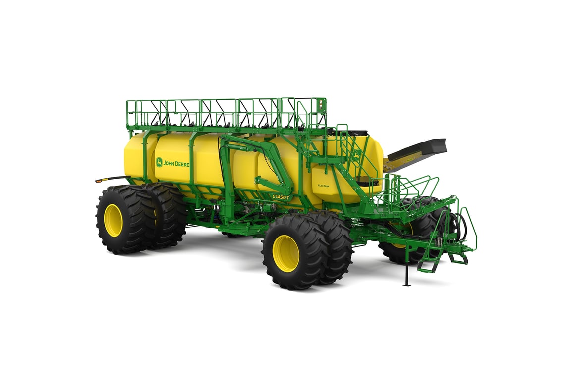 Front-right-facing studio shot of a green trailing air cart with yellow tanks on a white background.