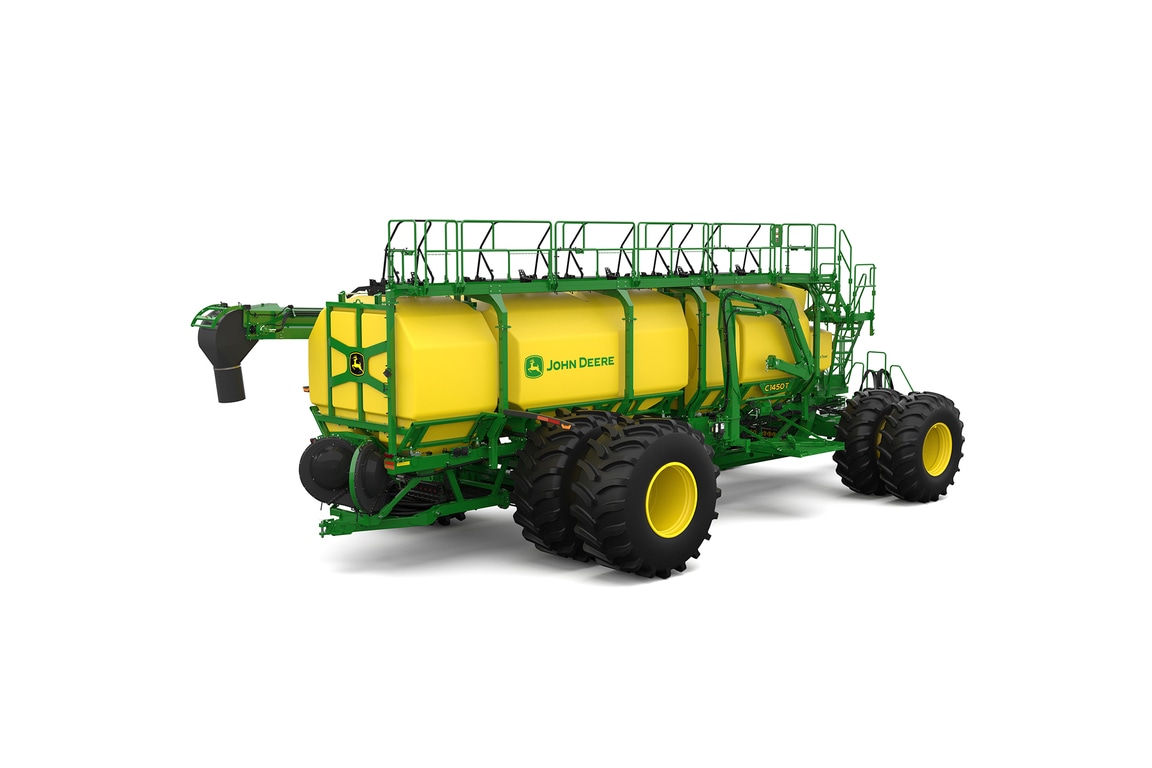 Rear-right-facing studio shot of a green trailing air cart with yellow tanks on a white background.