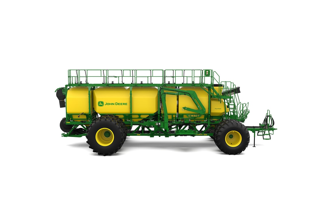 Right-facing studio shot of a green trailing air cart with yellow tanks on a white background.