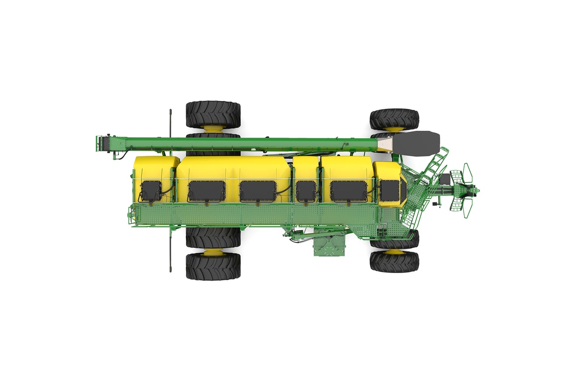 Top studio shot of a green trailing air cart with yellow tanks on a white background.