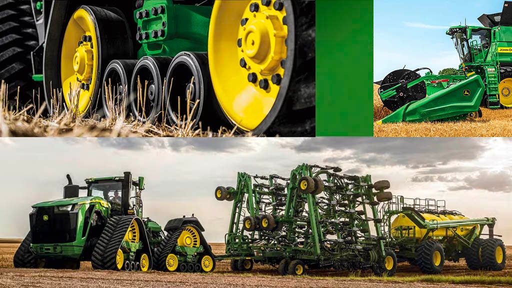 John&nbsp;Deere tractor pulling a Air Hoe Drill and C-Series seeding cart. Detail photo of John&nbsp;Deere tracks and in-cab view of wheat crop being harvested.