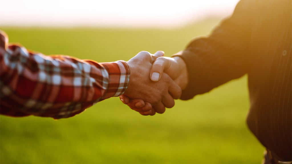 Deux personnes se serrent la main au coucher du soleil