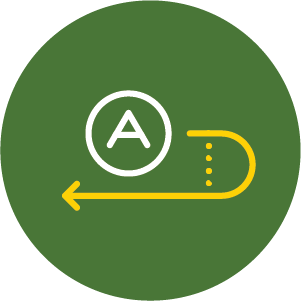 Symbole circulaire en forme de «&nbsp;A&nbsp;» au-dessus d’un tracé courbe avec une flèche pointant vers la gauche sur un fond circulaire vert