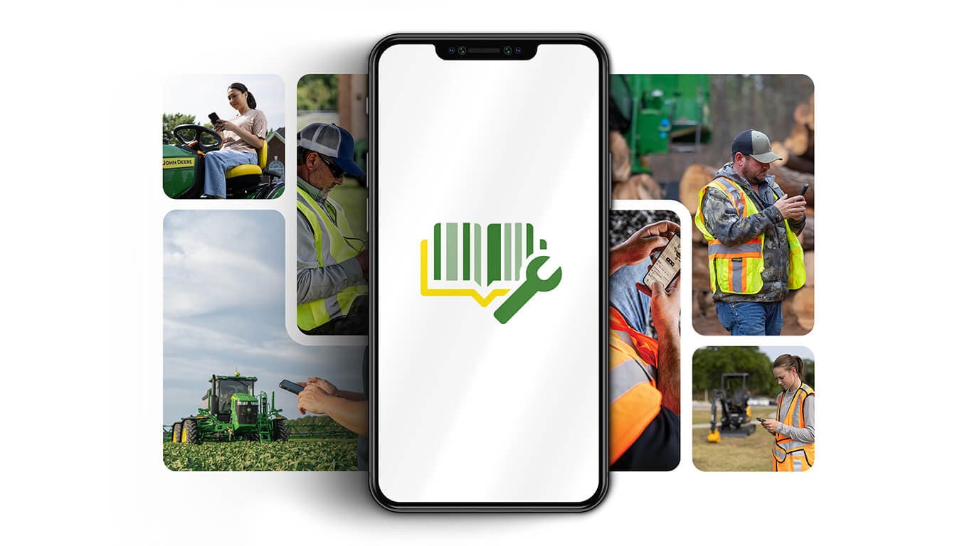 Phone with book and wrench icon, surrounded by people using machinery in different settings.
