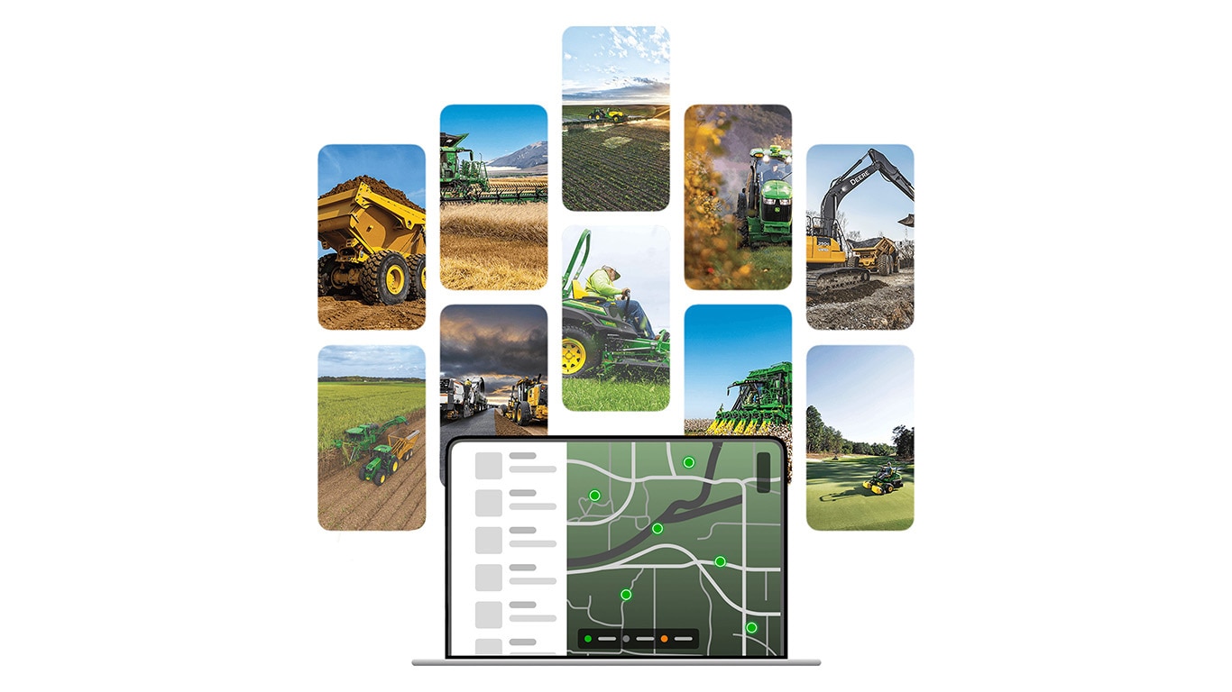 Flat vector of a laptop computer with a collage of agricultural and construction images in the background.