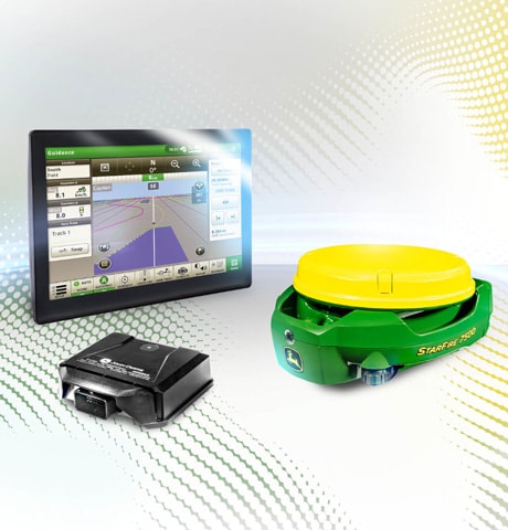 Un ensemble Precision Essentials de John Deere, présentant un écran G5, un modem JDLink noir et un récepteur StarFire jaune sur un fond clair.