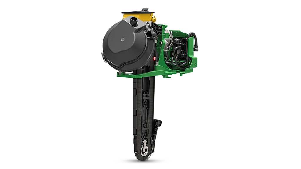 Studio image of a John Deere ExactEmerge row unit with the seed meter cap closed, showing the brush belt delivery system and closing wheel assembly.