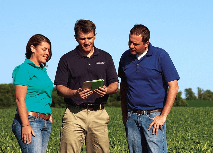 Three people looking at a tablet in a field