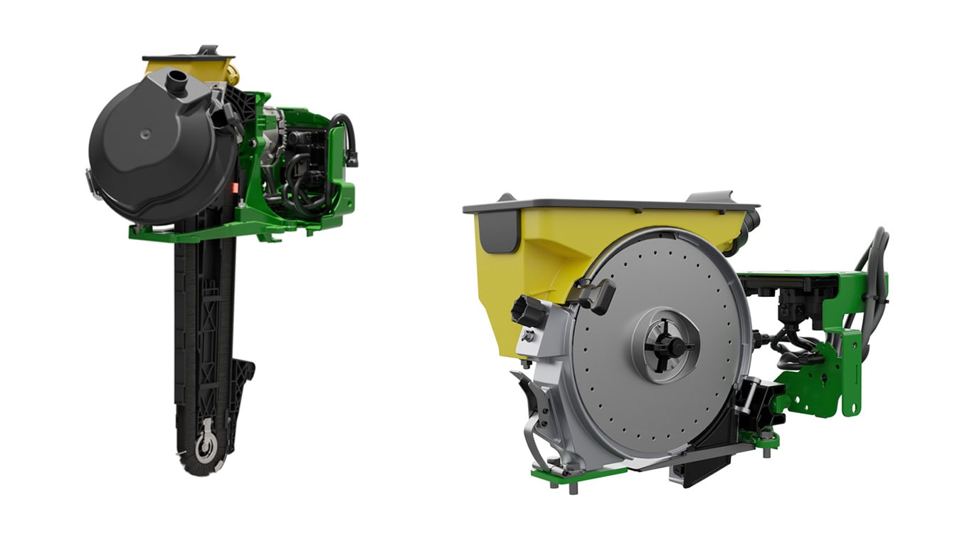 Deux vues d'un élément à rangs de semoir de précision John Deere montrant le distributeur de semences et le système de distribution.