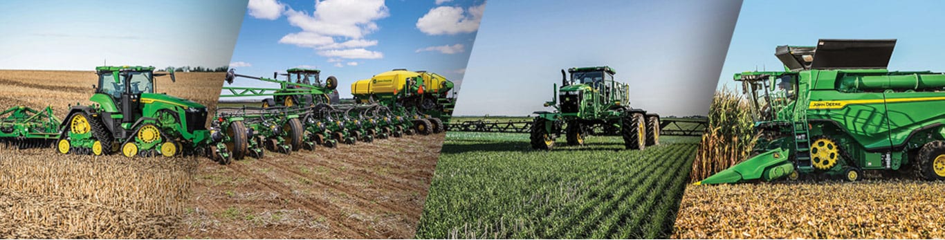 Une bannière en quatre panneaux illustrant des équipements John Deere tout au long du cycle de culture : un tracteur à chenilles effectuant un labour, un tracteur avec semoir réalisant les semis, un pulvérisateur automoteur dans un champ verdoyant et une moissonneuse-batteuse récoltant du maïs.