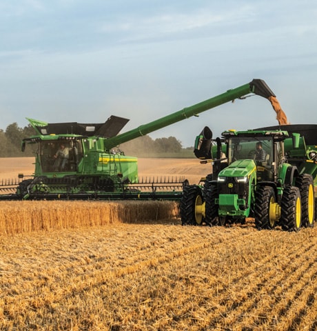 Une moissonneuse-batteuse verte récolte du blé et décharge le grain à la volée dans une remorque tirée par un tracteur, au milieu d’un champ doré.