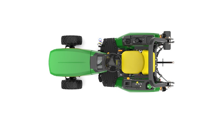 A top-down studio shot of a green compact tractor on a white background.
