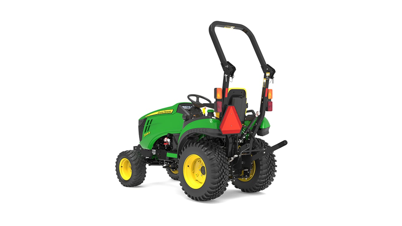 Vue arrière gauche du tracteur compact 2025R.