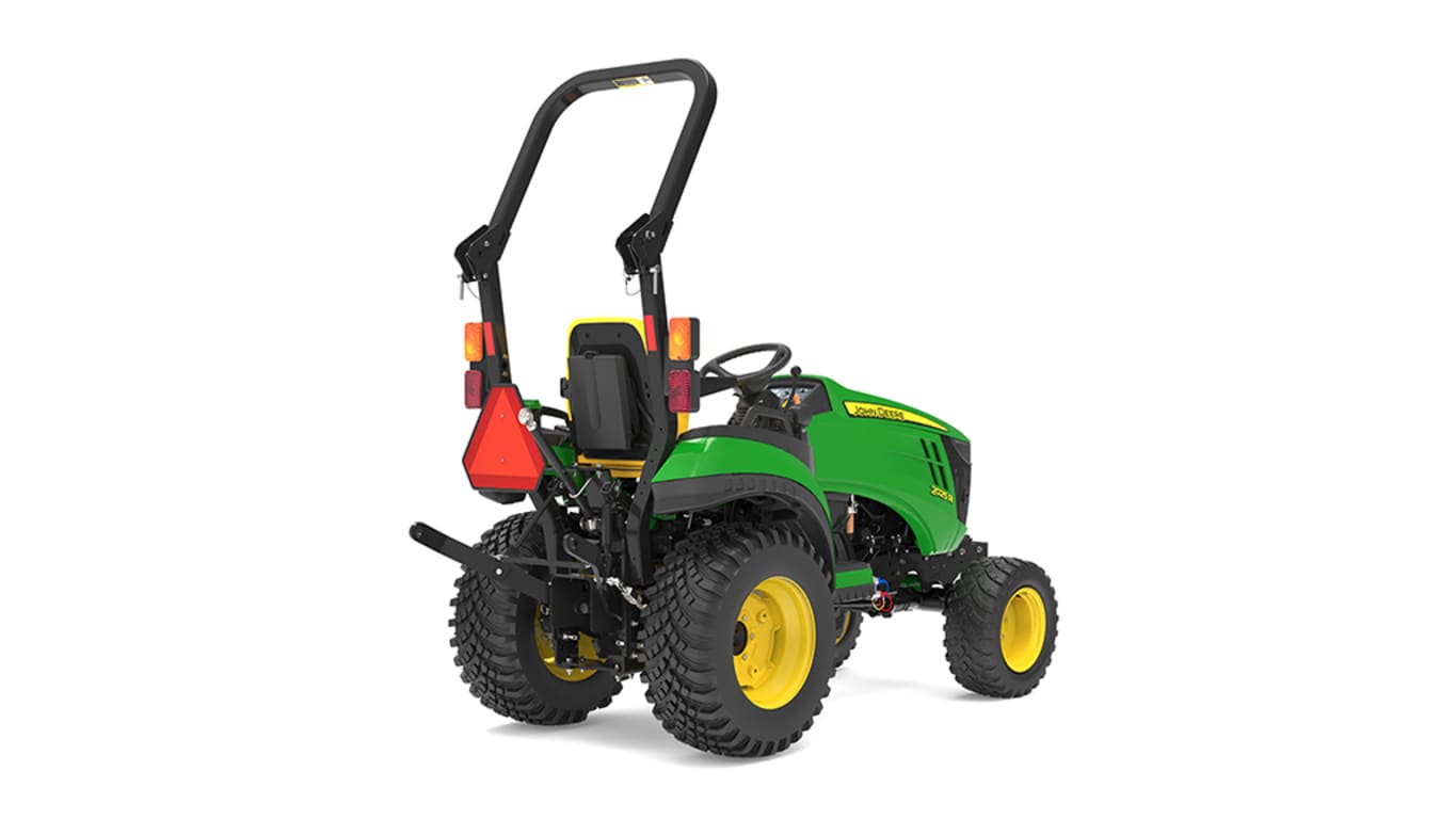 Vue arrière droite du tracteur compact 2025R.