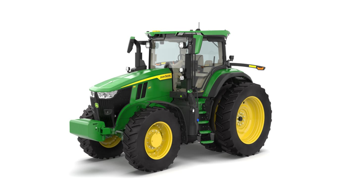 Photo studio sur fond blanc d'une tracteur 7R 210 vue de l'avant gauche