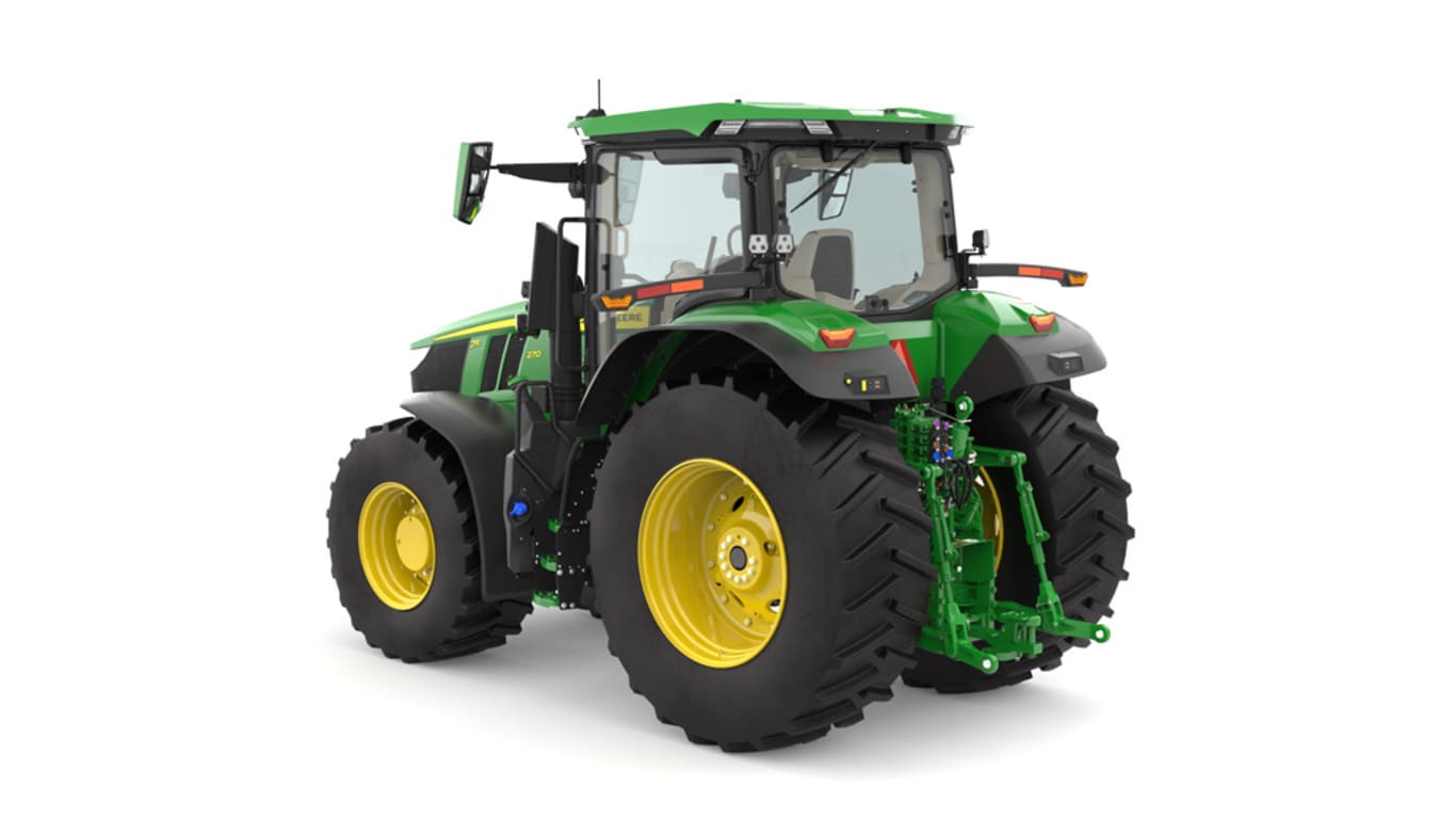 Photo studio sur fond blanc d'une tracteur 7R 270 vue de l'arrière gauche