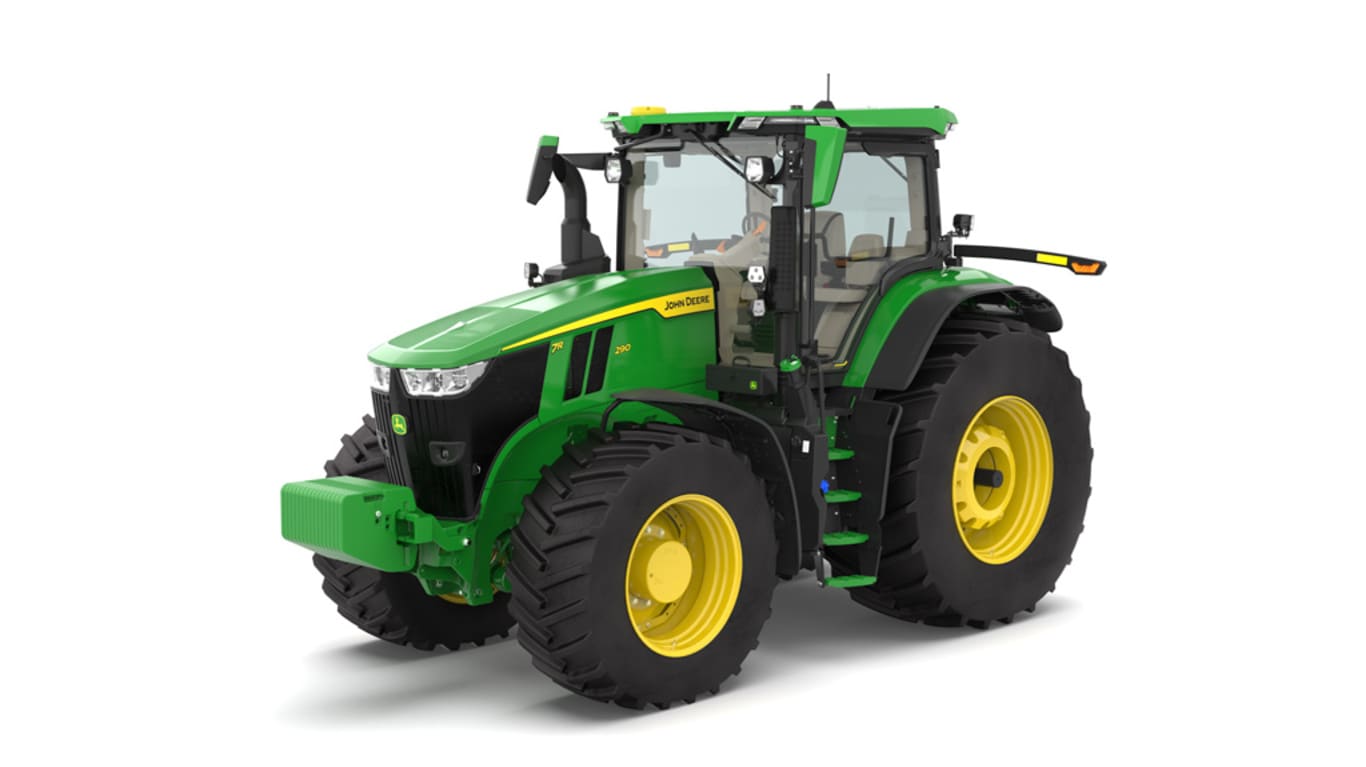 Photo studio sur fond blanc d'une tracteur 7R 290 vue de l'avant gauche