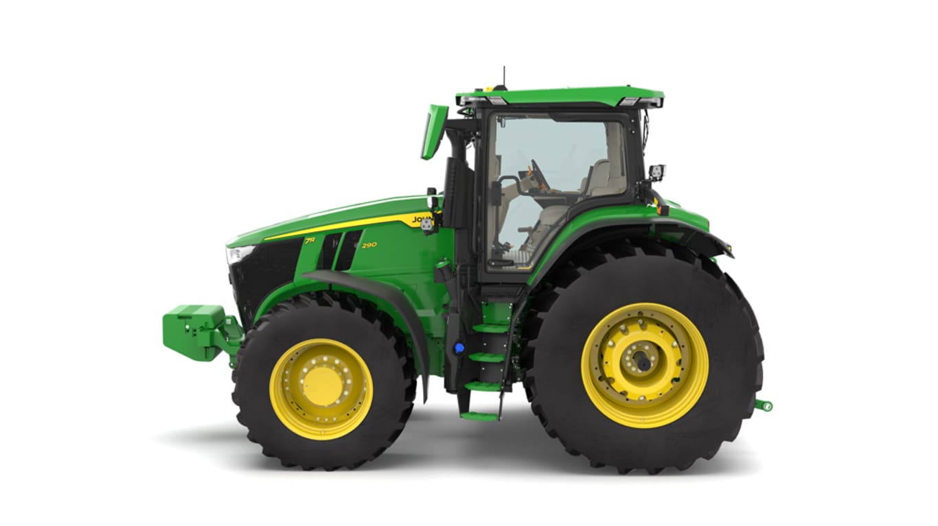 Photo studio sur fond blanc d'une tracteur 7R 290 vue de la gauche