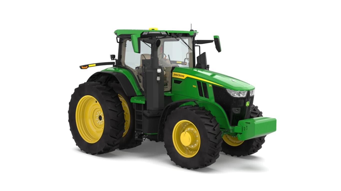 Photo studio sur fond blanc d'une tracteur 7R 350 vue de l'avant droit