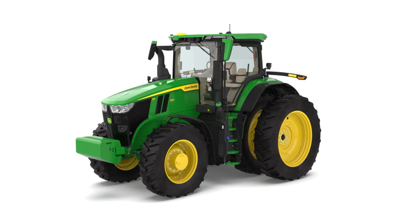 Photo studio sur fond blanc d'une tracteur 7R 350 vue de l'avant gauche