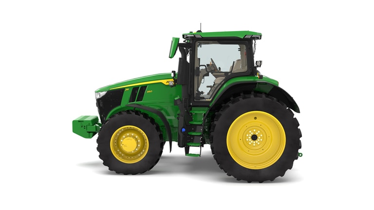 Photo studio sur fond blanc d'une tracteur 7R 350 vue de la gauche