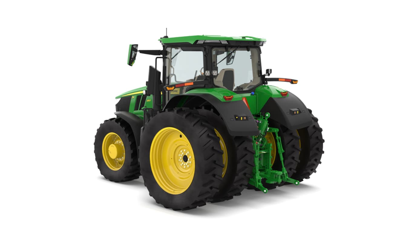 Photo studio sur fond blanc d'une tracteur 7R 350 vue de l'arrière gauche
