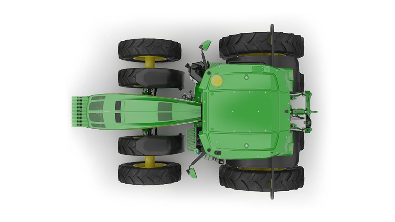 Top-facing studio shot of a 16-wheeled green tractor on a white background.