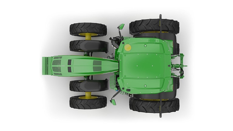 Top-facing studio shot of a 16-wheeled green tractor on a white background.