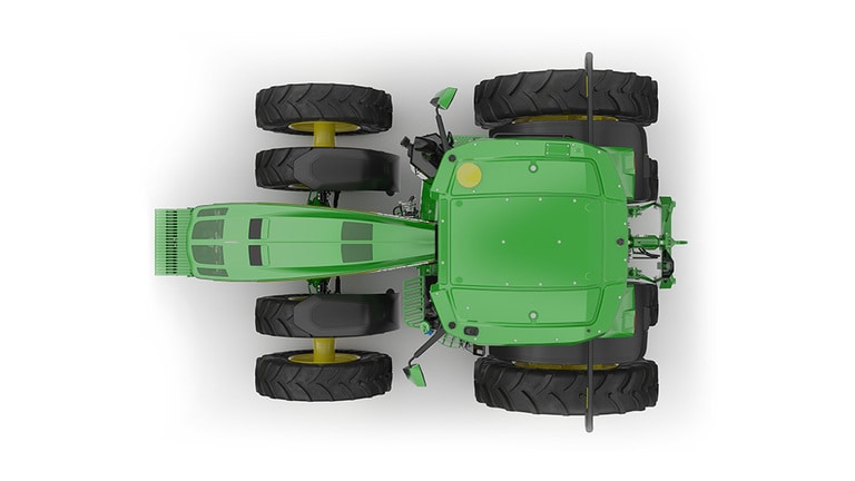 Image studio d'un tracteur vert à 16 roues vu du dessus sur fond blanc.