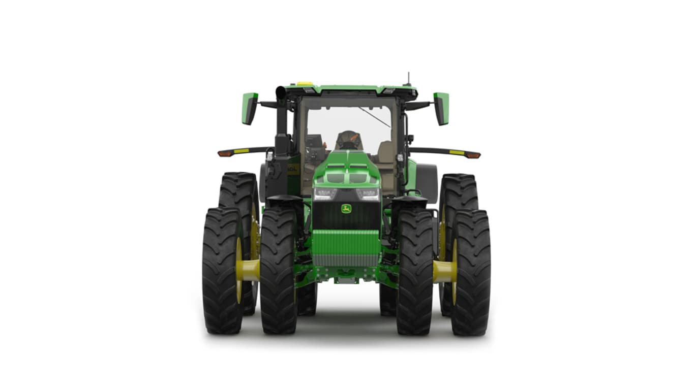 Front-facing studio shot of a 16-wheeled green tractor on a white background.