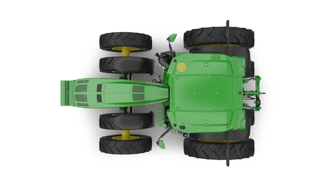 Top-facing studio shot of a 16-wheeled green tractor on a white background.