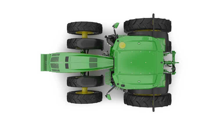 Top-facing studio shot of a 16-wheeled green tractor on a white background.