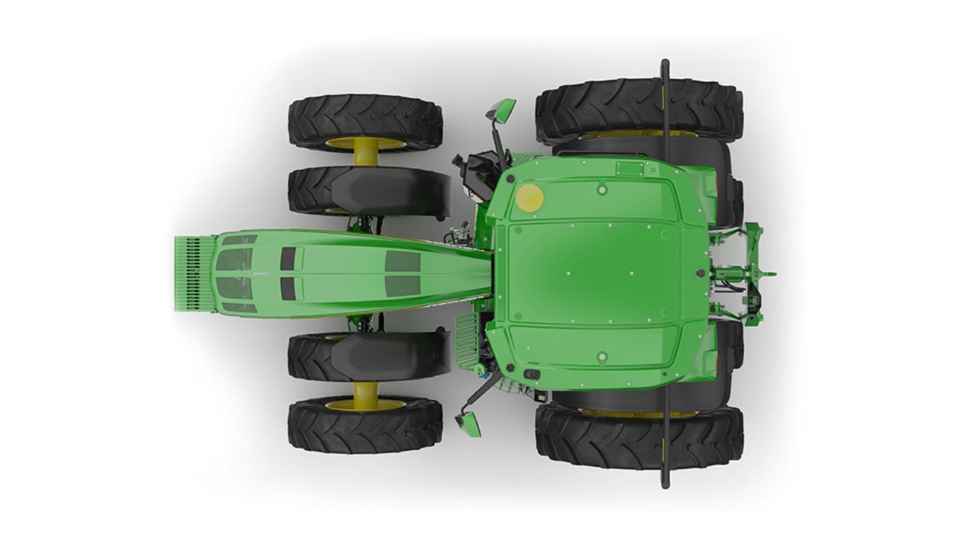 Top-facing studio shot of a 16-wheeled green tractor on a white background.