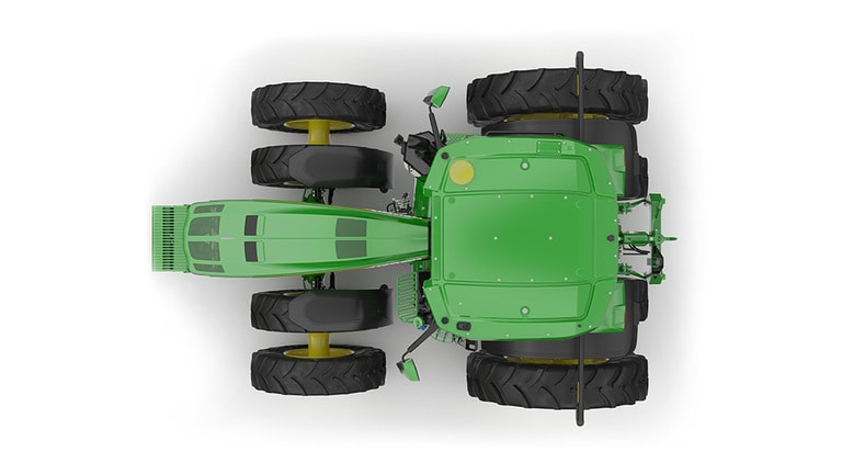 Top-facing studio shot of a 16-wheeled green tractor on a white background.