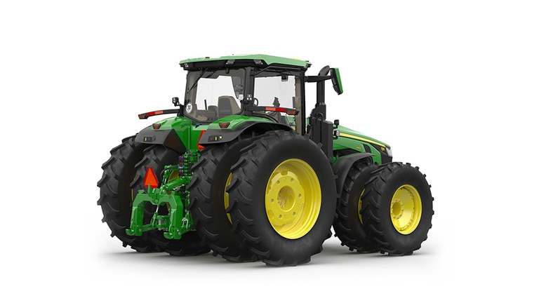 Image studio d'un tracteur vert à&nbsp;16 roues vu de l'arrière droit sur fond blanc.