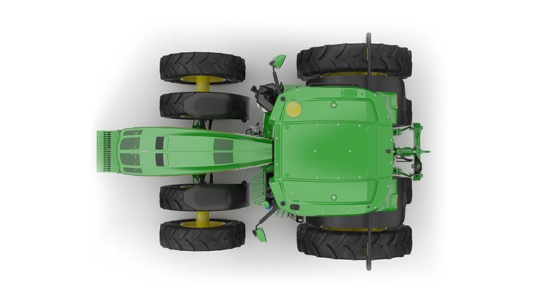 Image studio d'un tracteur vert à 16 roues vu du dessus sur fond blanc.