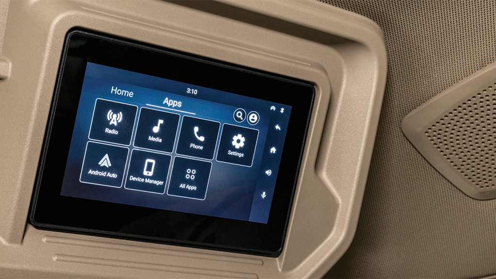 Tractor touchscreen radio with icons for Radio, Media, Phone, Settings, and more apps.