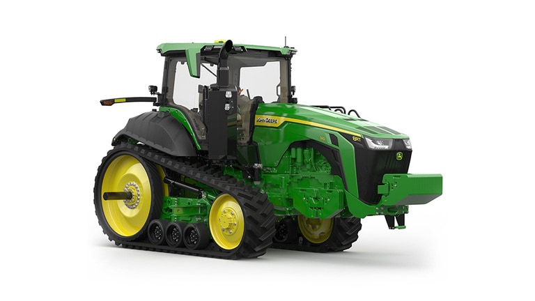 Front-right-facing studio shot of a 2-tracked green tractor on a white background.