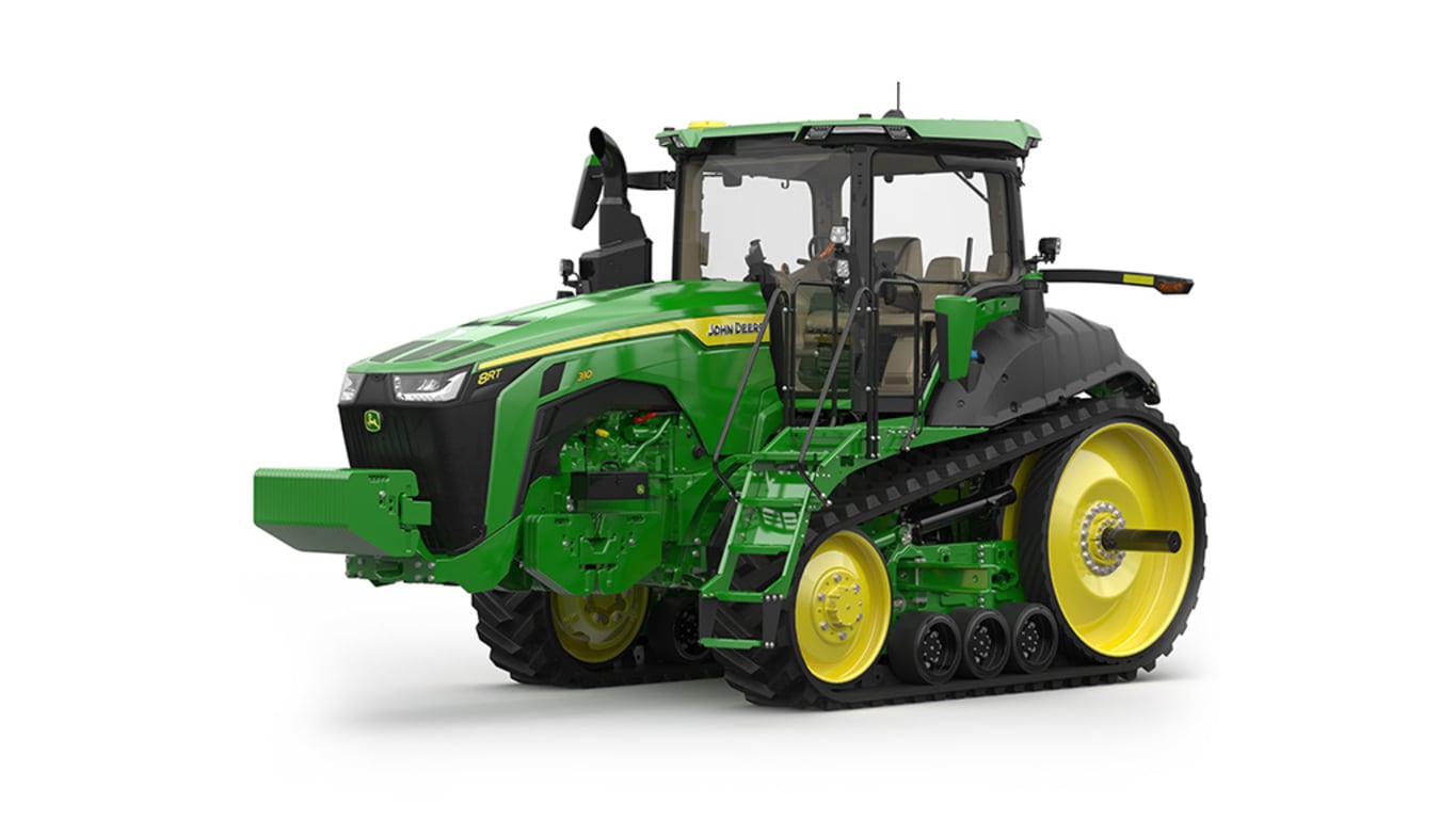 Front-left-facing studio shot of a 2-tracked green tractor on a white background.