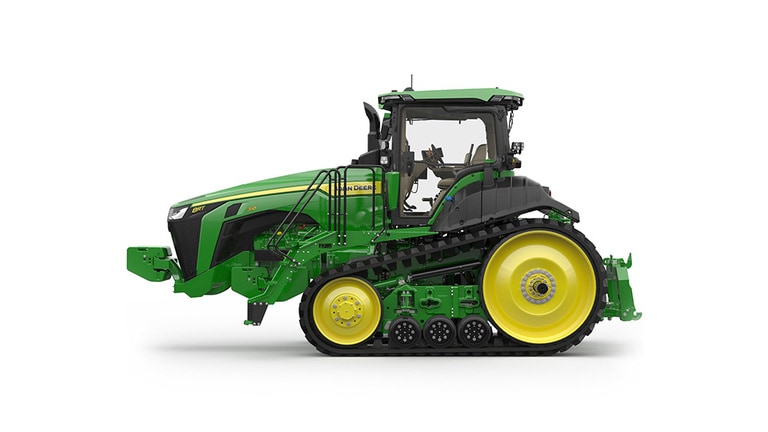 Left-facing studio shot of a 2-tracked green tractor on a white background.